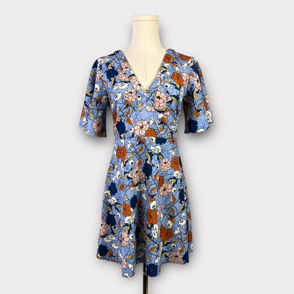 Zara 70's Retro Blue Floral Bell Sleeve Deep V-Neck Mini Dress Medium - Picture 1 of 5